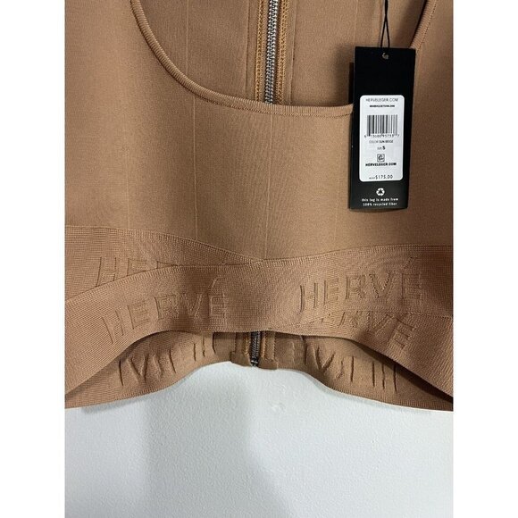 Herve Leger Long Sleeve Scoop Neck Crop Top Sun Beige NWT Small - Picture 9 of 12